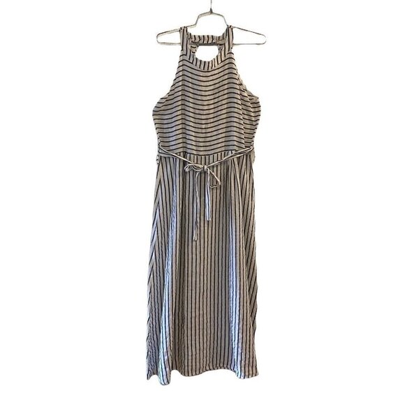 NEW Lungo Larno Maxi Dress White Blue Stripe Belted Zip Sleeveless Linen XL - Picture 1 of 10
